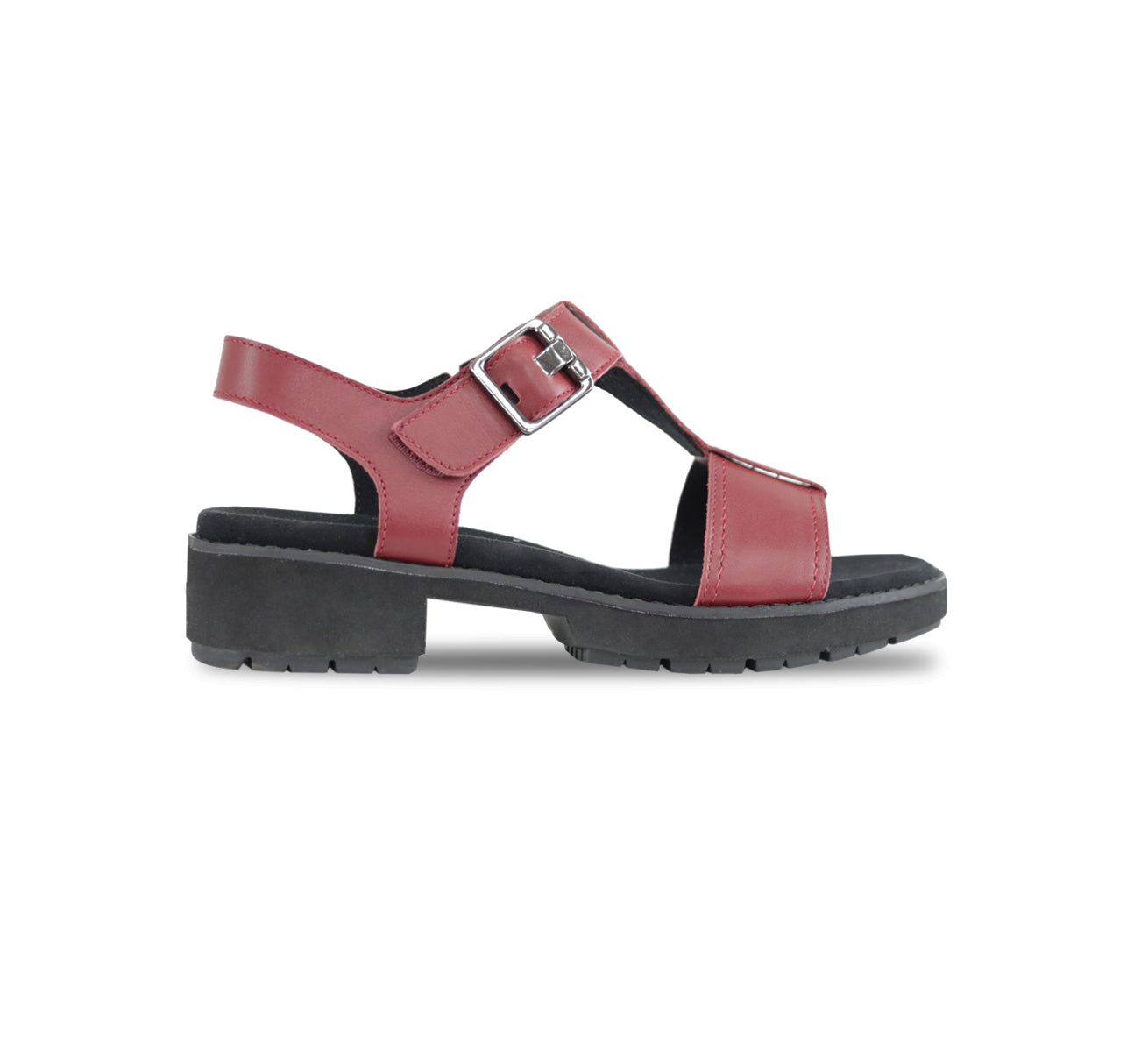 MEL IS A T-STRAP SANDAL, WITH A BUCKLE ON THE ANKLE STRAP AND LUG OUTSOLE RED LEATHER - SIDE VIEW