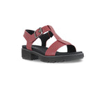 MEL IS A T-STRAP SANDAL, WITH A BUCKLE ON THE ANKLE STRAP AND LUG OUTSOLE LATTE LEATHER - ANGLE VIEW