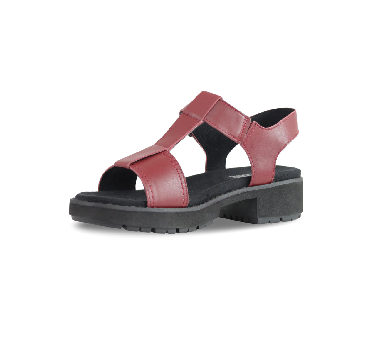 MEL IS A T-STRAP SANDAL, WITH A BUCKLE ON THE ANKLE STRAP AND LUG OUTSOLE LATTE LEATHER - INSIDE VIEW