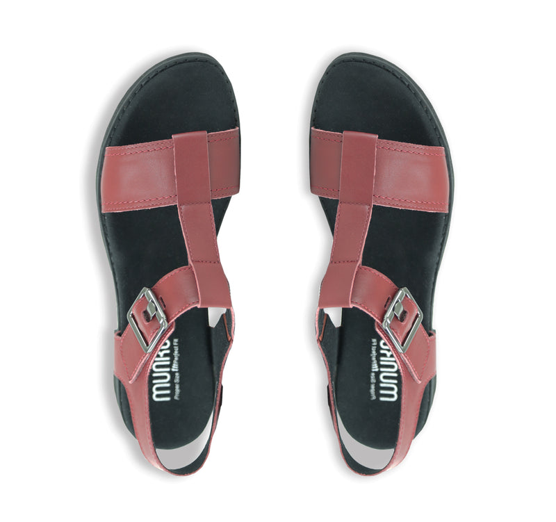 MEL IS A T-STRAP SANDAL, WITH A BUCKLE ON THE ANKLE STRAP AND LUG OUTSOLE LATTE LEATHER - TOP VIEW