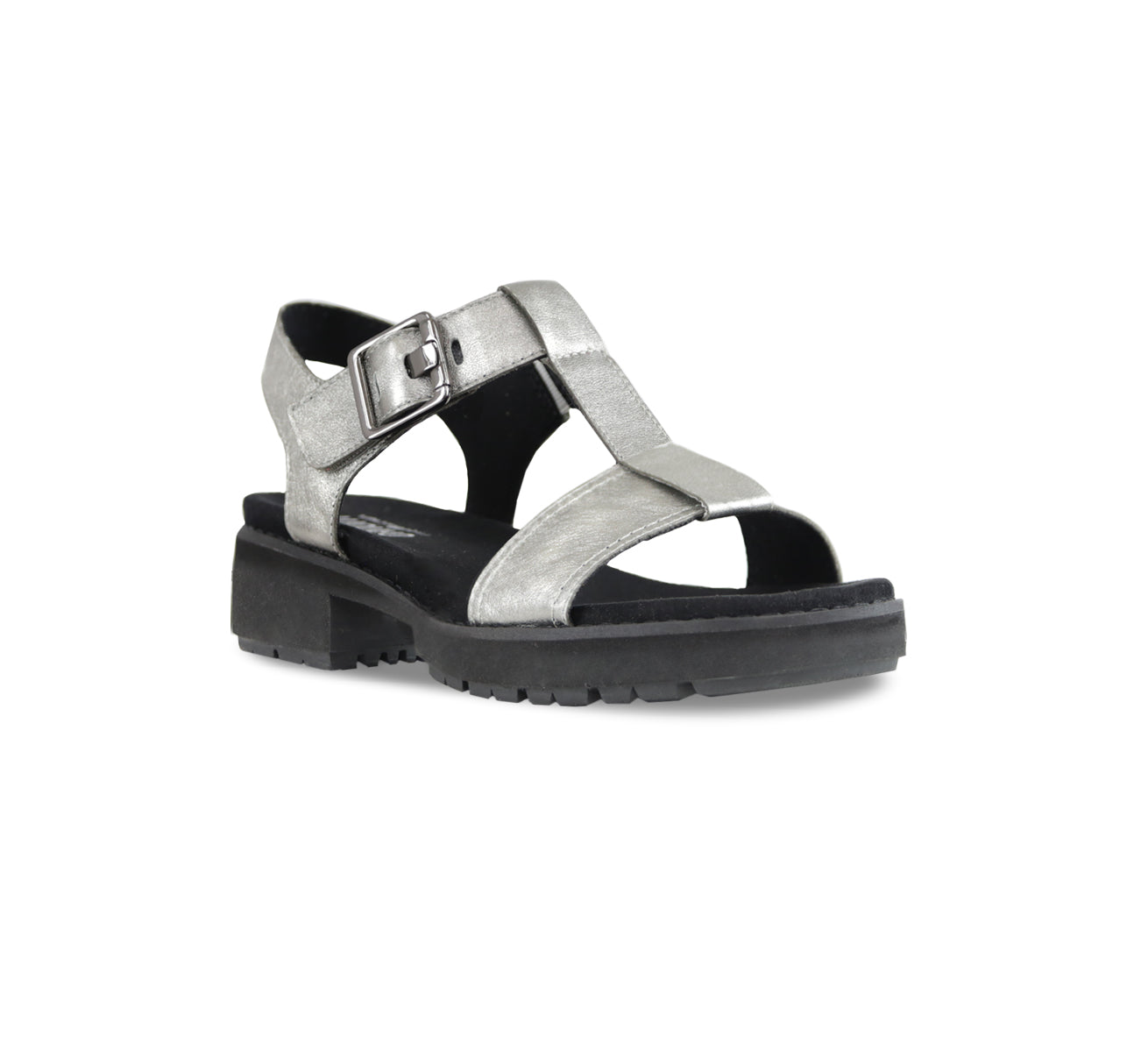 MEL IS A T-STRAP SANDAL, WITH A BUCKLE ON THE ANKLE STRAP AND LUG OUTSOLE ANTIQUE SILVER LEATHER - ANGLE VIEW