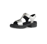 MEL IS A T-STRAP SANDAL, WITH A BUCKLE ON THE ANKLE STRAP AND LUG OUTSOLE ANTIQUE SILVER LEATHER - INSIDE VIEW