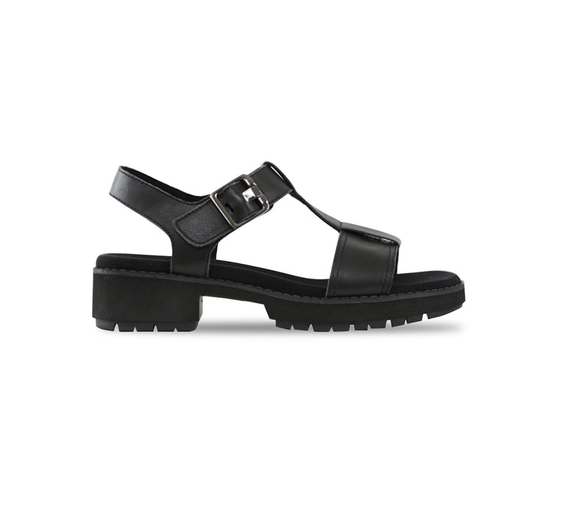 MEL T-STRAP SANDAL, WITH A BUCKLE ON THE ANKLE STRAP IN BLACK LEATHER AND LUG OUTSOLE - SIDE VIEW