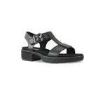 MEL T-STRAP SANDAL, WITH A BUCKLE ON THE ANKLE STRAP IN BLACK LEATHER AND LUG OUTSOLE - ANGLE VIEW