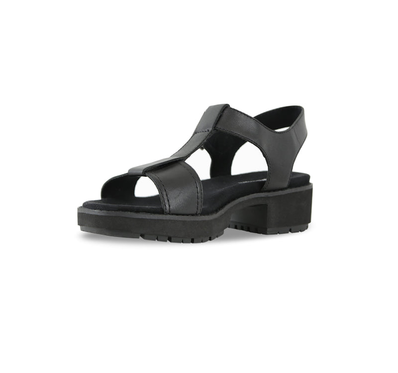 MEL T-STRAP SANDAL, WITH A BUCKLE ON THE ANKLE STRAP IN BLACK LEATHER AND LUG OUTSOLE - INSIDE VIEW