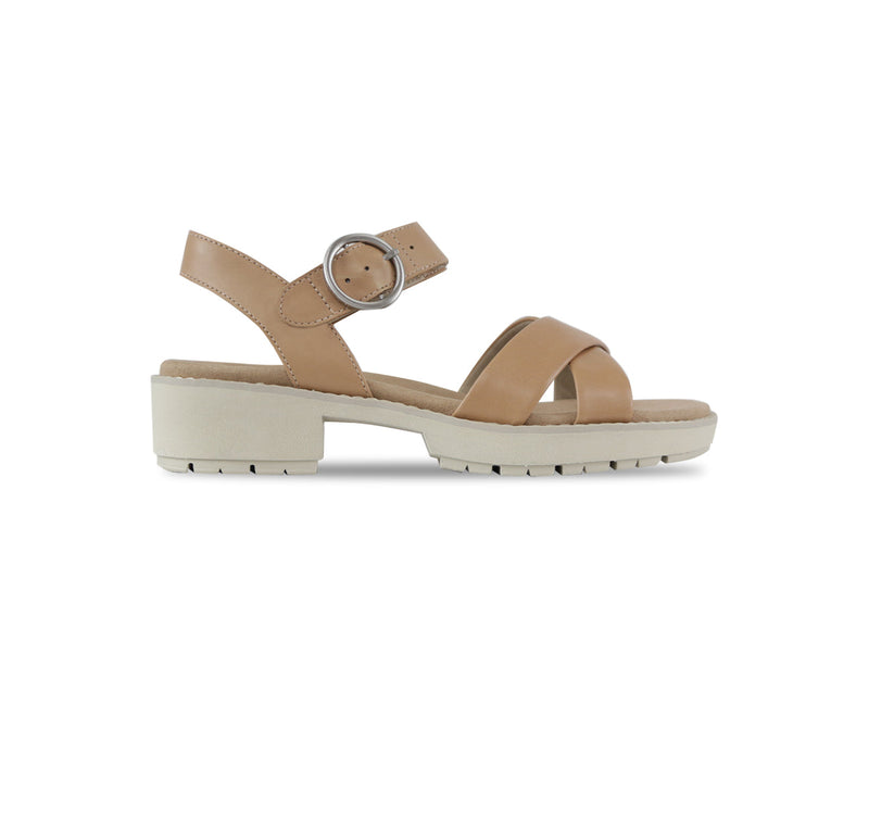 Knox with blush color supple calf-leather bands that crisscross the vamp with an adjustable hook & loop ankle strap and a round ornamental buckle-side view