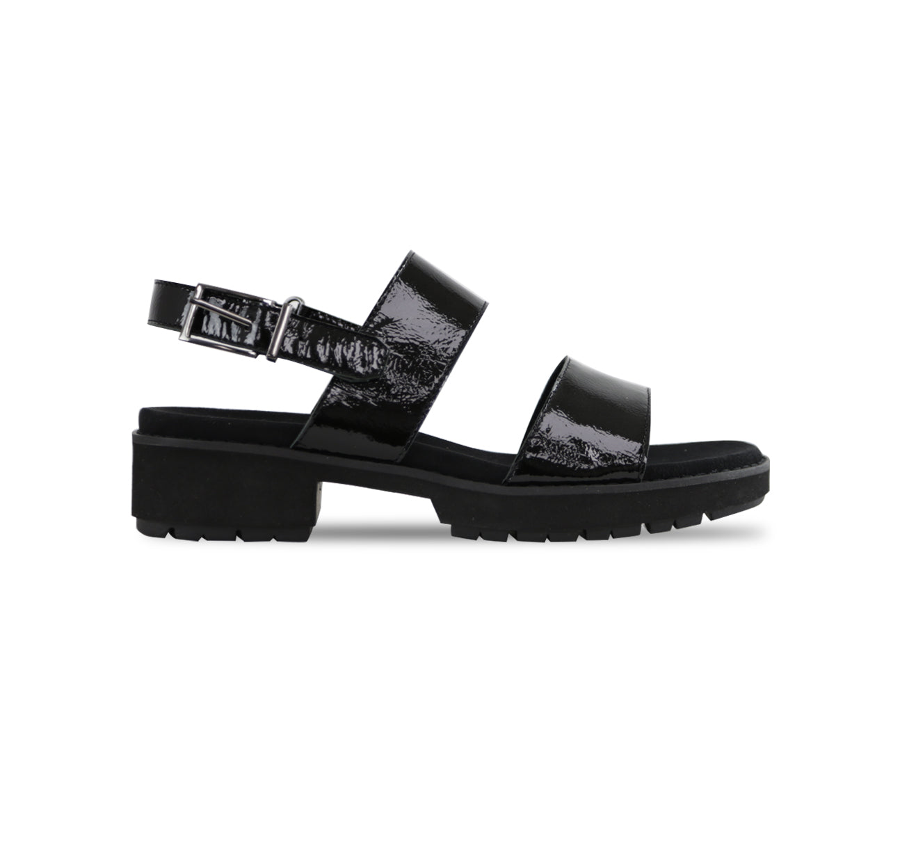 TEAGAN DOUBLE STRAP SANDAL ON ULTRA LIGHTWEIGHT LUG OUTSOLE IN BLACK CRINKLE PATENT LEATHER - SIDE VIEW