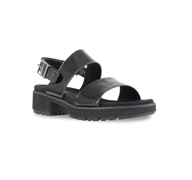 TEAGAN DOUBLE STRAP SANDAL ON ULTRA LIGHTWEIGHT LUG OUTSOLE IN BLACK CRINKLE PATENT LEATHER - ANGLE VIEW