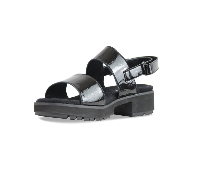 TEAGAN DOUBLE STRAP SANDAL ON ULTRA LIGHTWEIGHT LUG OUTSOLE IN BLACK CRINKLE PATENT LEATHER - INSIDE VIEW