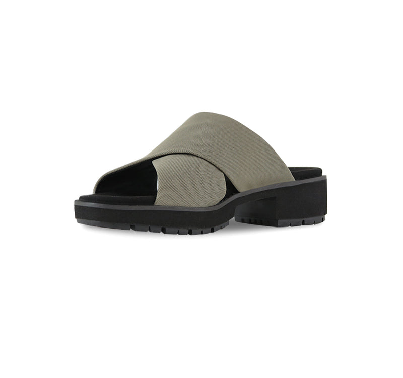 Dekkie slide sandal with wide khaki fabric bands crisscross the instep to support and comfort your feet-inside view