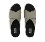 Dekkie slide sandal with wide khaki fabric bands crisscross the instep to support and comfort your feet-top view