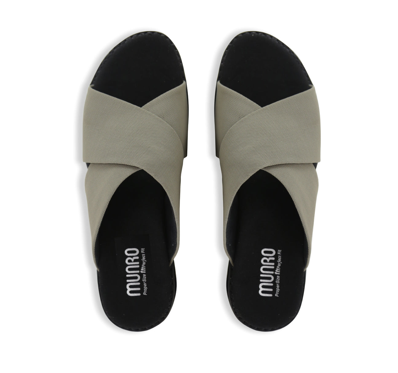 Dekkie slide sandal with wide khaki fabric bands crisscross the instep to support and comfort your feet-top view