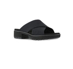 Dekkie slide sandal with wide black fabric bands crisscross the instep to support and comfort your feet-angle view