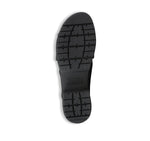 Dekkie slide sandal with wide black fabric bands crisscross the instep to support and comfort your feet-bottom view