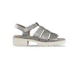 Marley three-strap and T-strap fisherman sandal with hook and loop ankle strap on lug outsole unit in silver metallic leather-side view