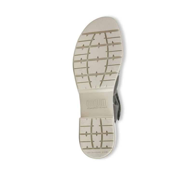 Marley three-strap and T-strap fisherman sandal with hook and loop ankle strap on lug outsole unit in silver metallic leather-bottom view