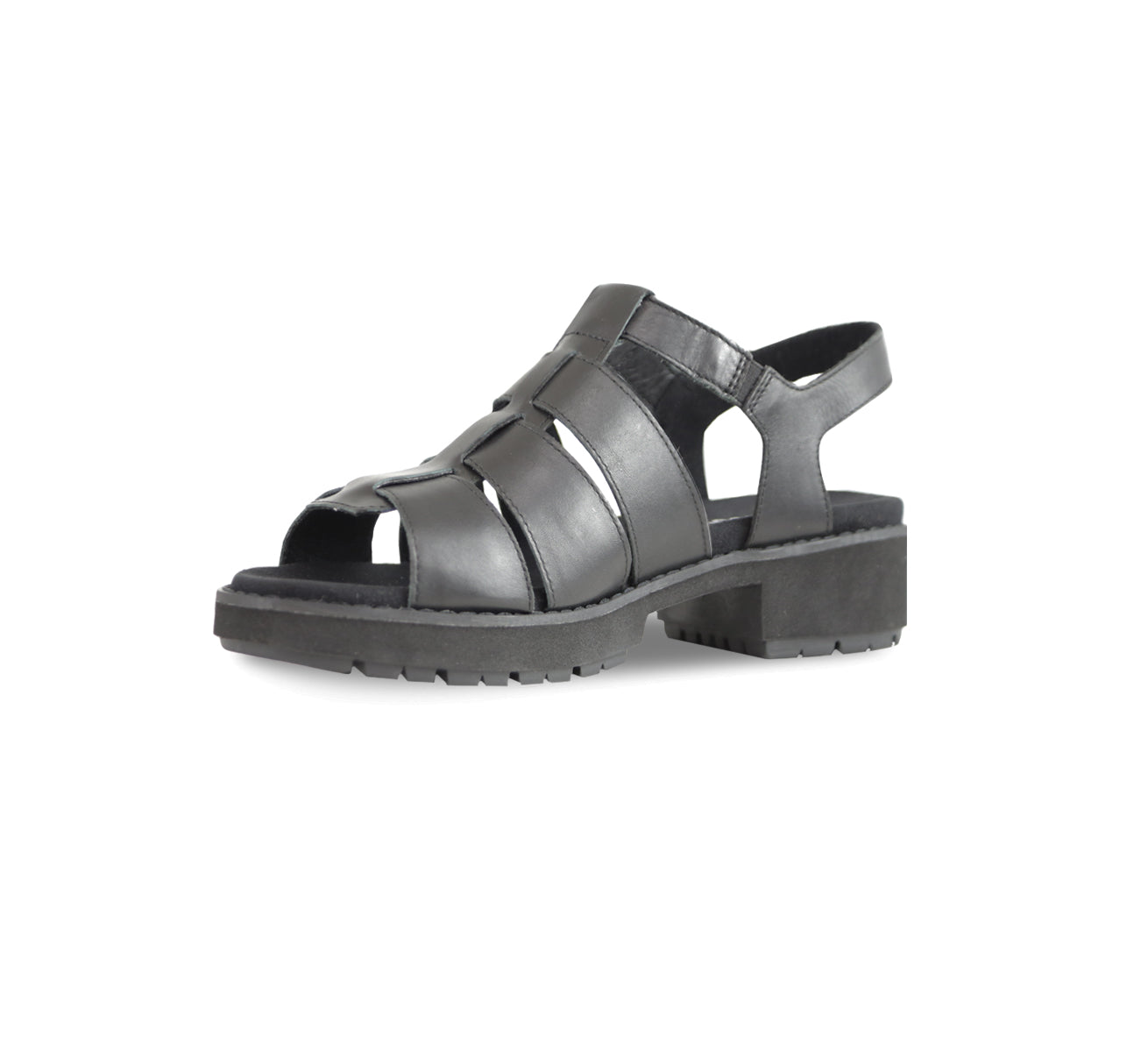 Marley three-strap and T-strap fisherman sandal with hook and loop ankle strap on lug outsole unit in black leather-inside view