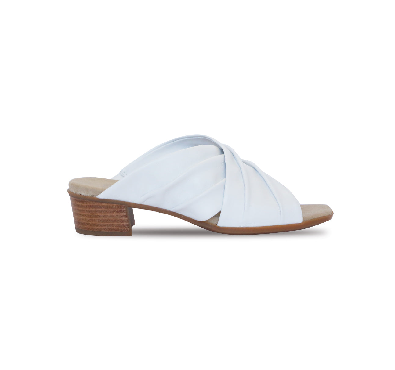 Lee ruched cross-band slide sandal on mid-height Leawood stacked heel in white ultra-supple lamb leather-side view