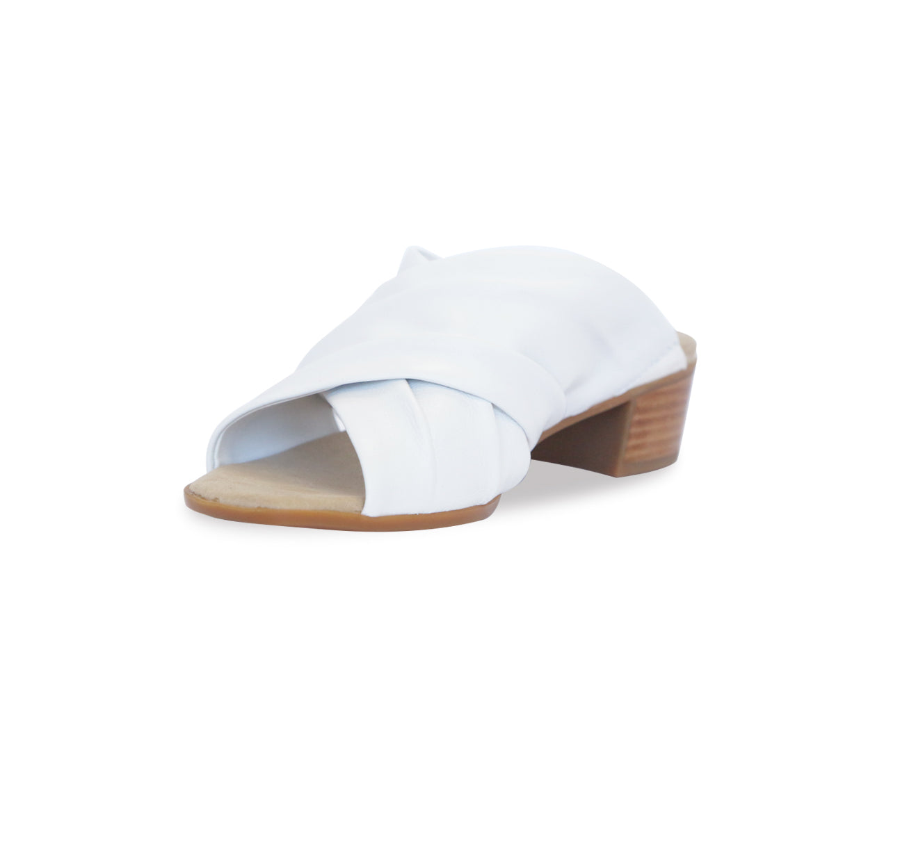 Lee ruched cross-band slide sandal on mid-height Leawood stacked heel in white ultra-supple lamb leather-inside view