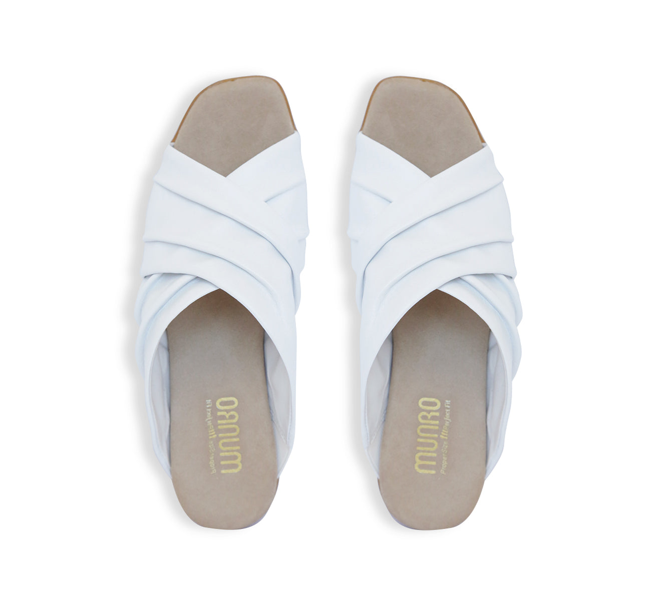 Lee ruched cross-band slide sandal on mid-height Leawood stacked heel in white ultra-supple lamb leather-top view