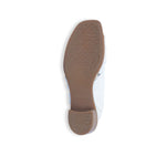 Lee ruched cross-band slide sandal on mid-height Leawood stacked heel in white ultra-supple lamb leather-bottom view