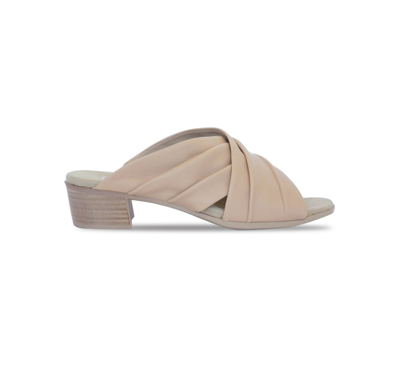 Lee ruched cross-band slide sandal on mid-height Leawood stacked heel in camel ultra-supple lamb leather-side view