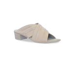 Lee ruched cross-band slide sandal on mid-height Leawood stacked heel in camel ultra-supple lamb leather-angle view