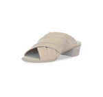 Lee ruched cross-band slide sandal on mid-height Leawood stacked heel in camel ultra-supple lamb leather-inside view