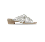 Lee ruched cross-band slide sandal on mid-height Leawood stacked heel in natural metallic ultra-supple lamb leather-side view