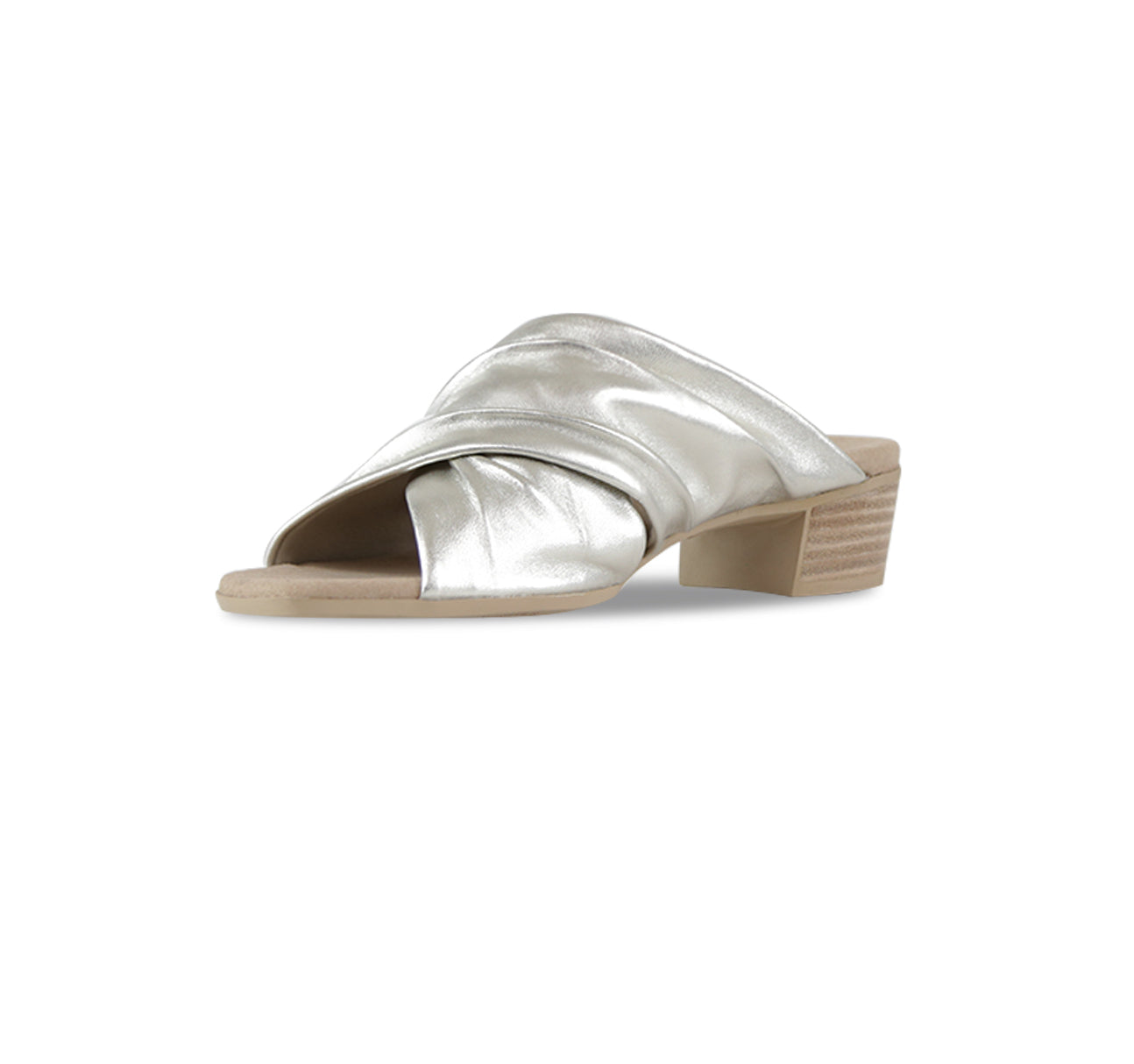 Lee ruched cross-band slide sandal on mid-height Leawood stacked heel in natural metallic ultra-supple lamb leather-inside view