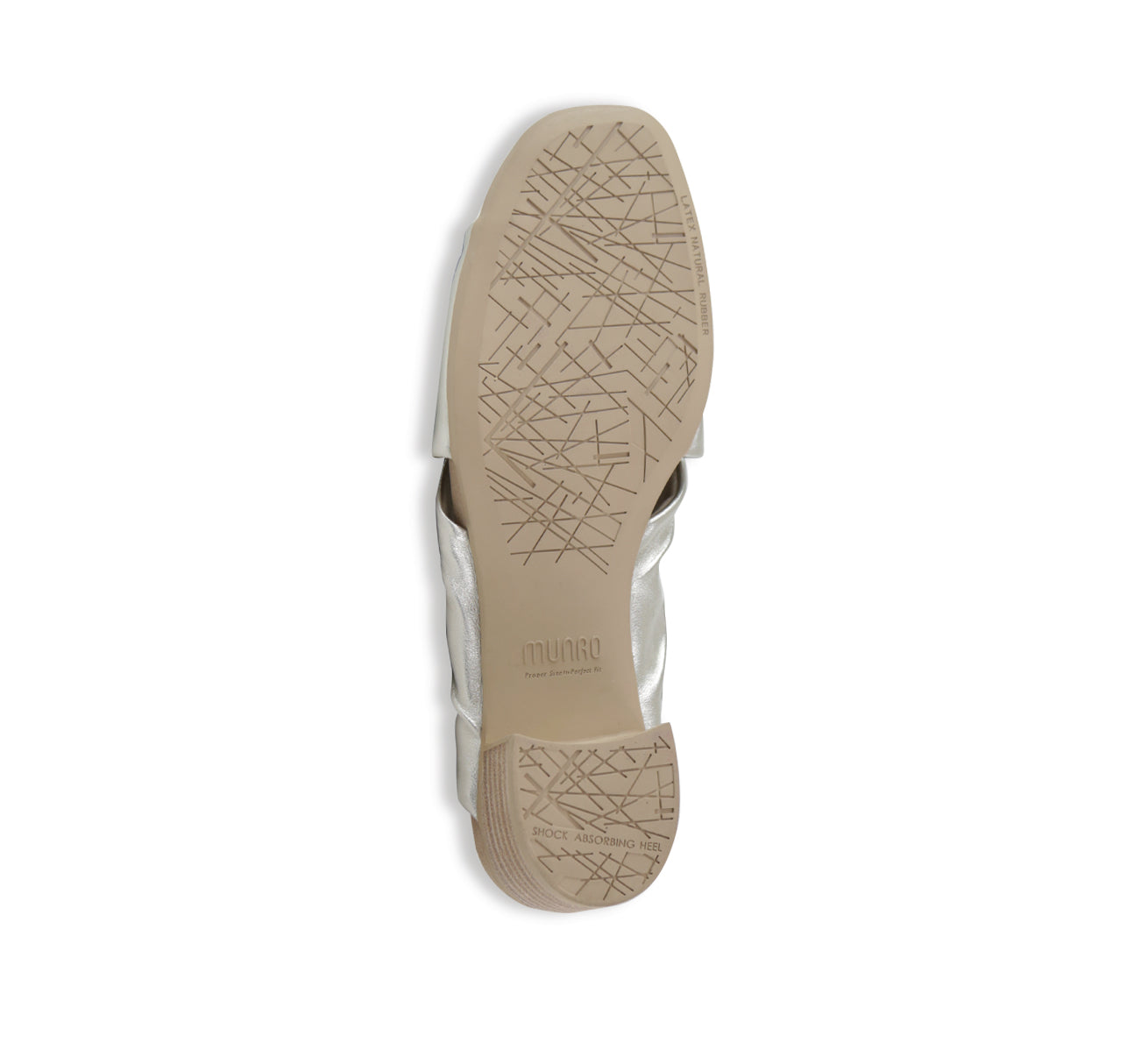 Lee ruched cross-band slide sandal on mid-height Leawood stacked heel in natural metallic ultra-supple lamb leather-bottom view