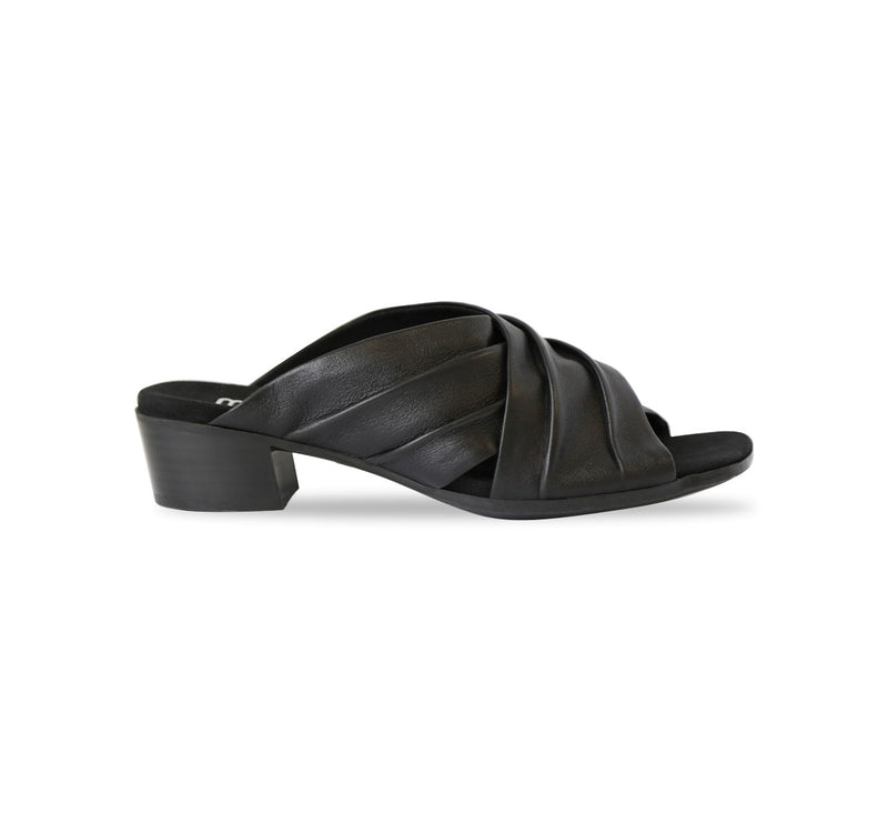 Lee ruched cross-band slide sandal on mid-height Leawood stacked heel in black ultra-supple lamb leather-side view