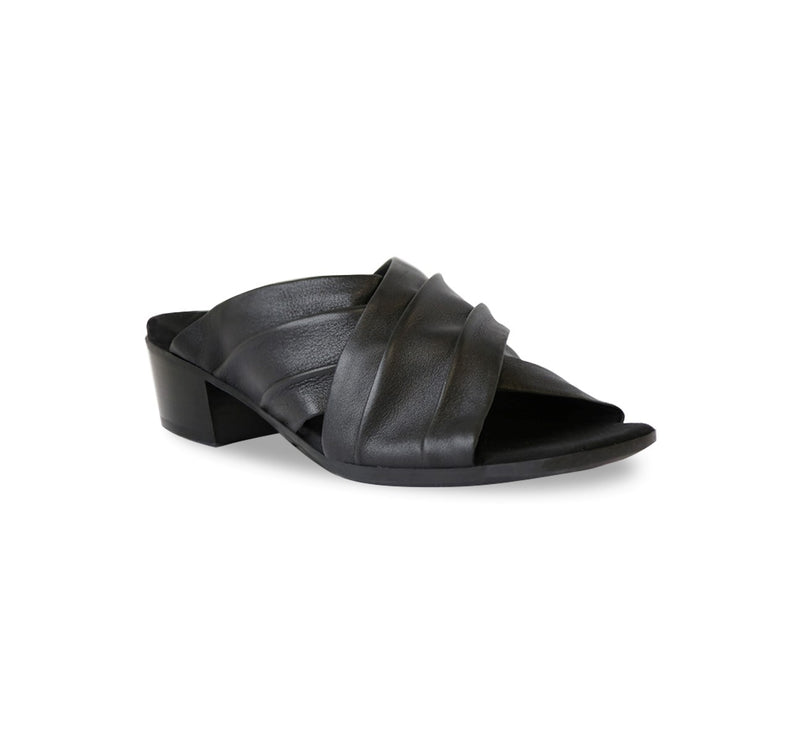 Lee ruched cross-band slide sandal on mid-height Leawood stacked heel in black ultra-supple lamb leather-angle view