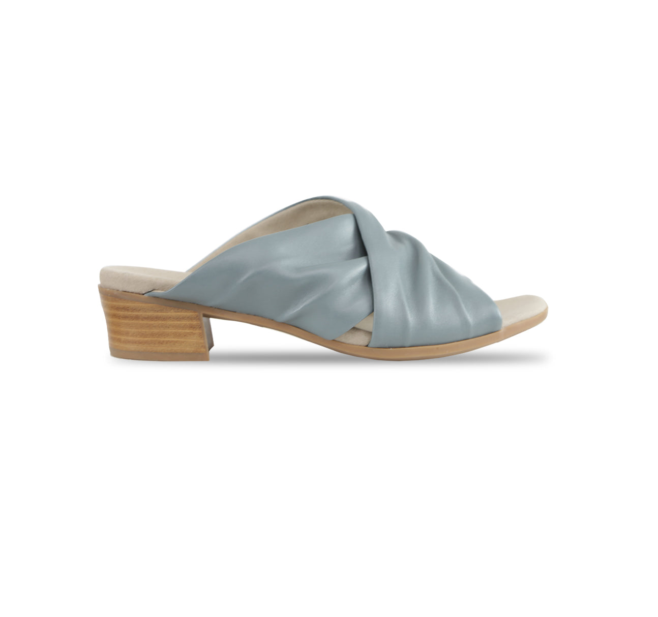 Lee ruched cross-band slide sandal on mid-height Leawood stacked heel in blue ultra-supple lamb leather-side view