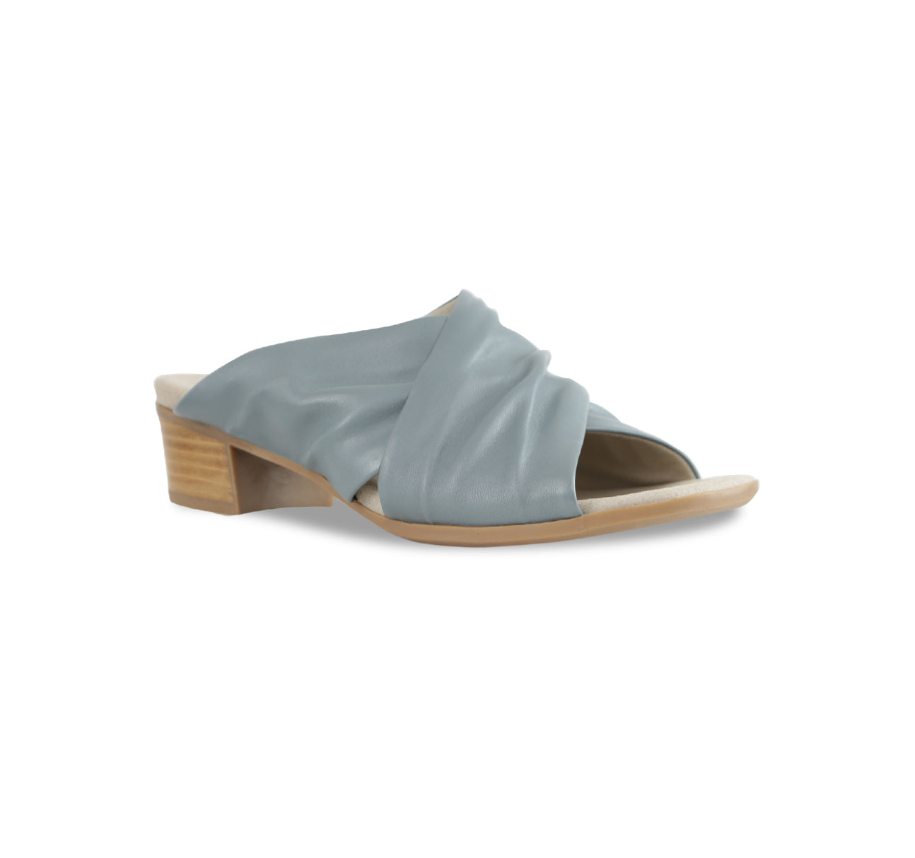 Lee ruched cross-band slide sandal on mid-height Leawood stacked heel in blue ultra-supple lamb leather-angle view