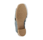 Lee ruched cross-band slide sandal on mid-height Leawood stacked heel in blue ultra-supple lamb leather-bottom view