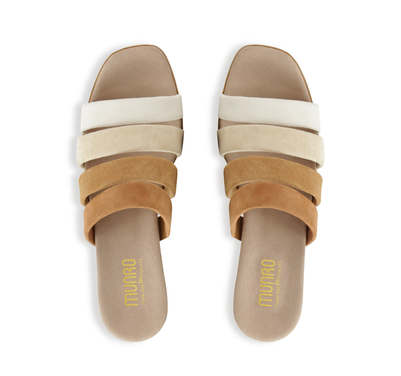 ADRIANNE FOUR-STRAP SLIDE SANDAL ON LEAWOOD HEEL IN MULTI-SAND SUEDE - TOP VIEW