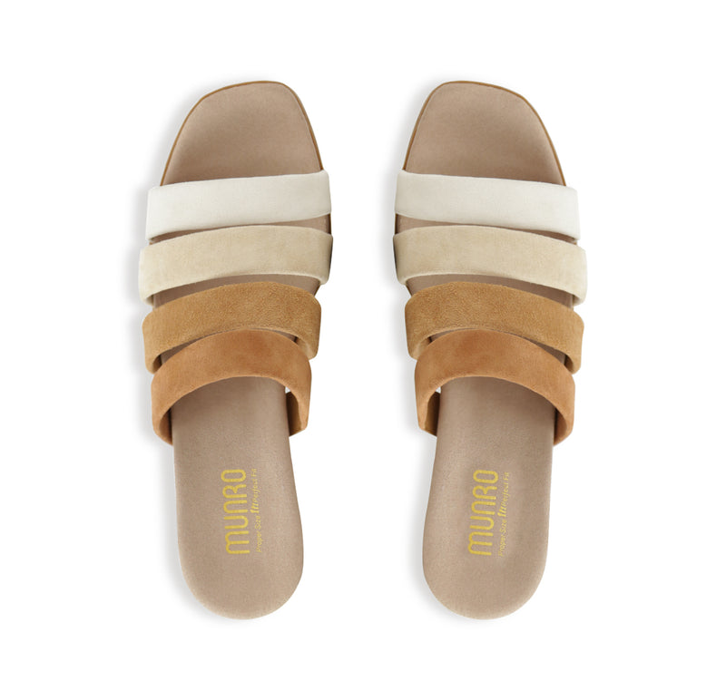 ADRIANNE FOUR-STRAP SLIDE SANDAL ON LEAWOOD HEEL IN MULTI-SAND SUEDE - TOP VIEW