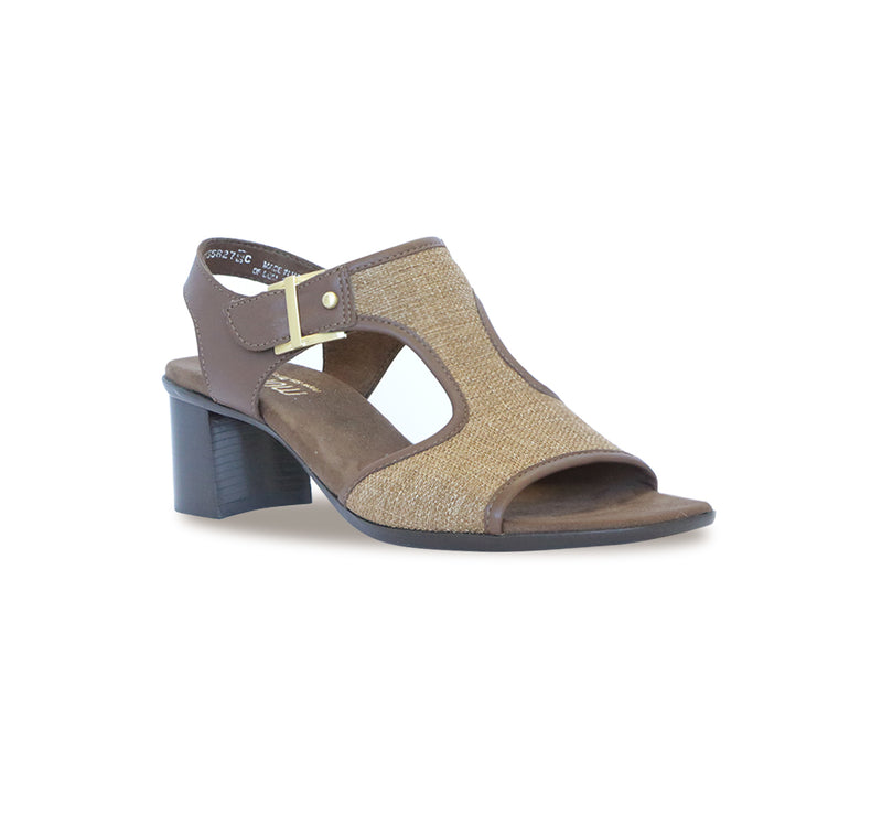 WALLIS DRESS SANDAL IN BROWN FABRIC AND LEATHER - ANGLE VIEW