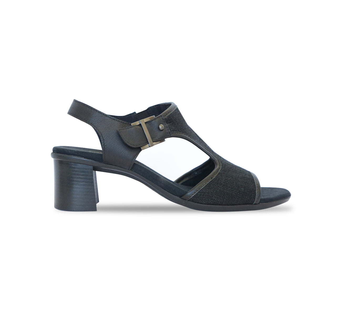 WALLIS DRESS SANDAL IN BLACK FABRIC AND LEATHER - SIDE VIEW