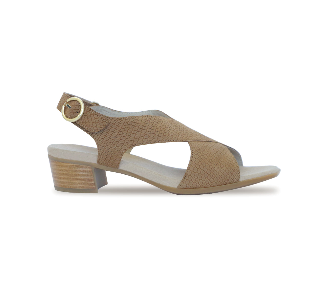 Jenny crossband sandal on mid-height Leawood stacked heel with hook & loop back strap and ornamental buckle in medium tan lizard-print nubuck-side view