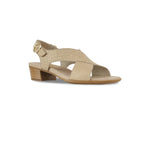 Jenny crossband sandal on mid-height Leawood stacked heel with hook & loop back strap and ornamental buckle in tan croc-print nubuck-angle view