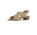 Jenny crossband sandal on mid-height Leawood stacked heel with hook & loop back strap and ornamental buckle in tan croc-print nubuck-inside view