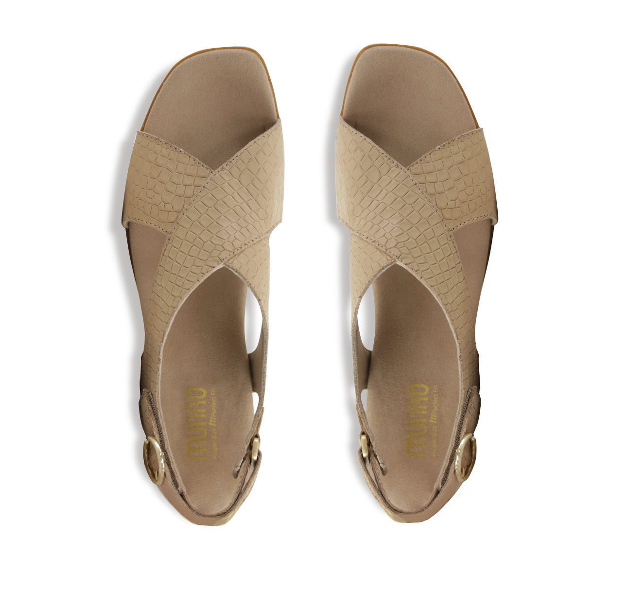 Jenny crossband sandal on mid-height Leawood stacked heel with hook & loop back strap and ornamental buckle in tan croc-print nubuck-top view