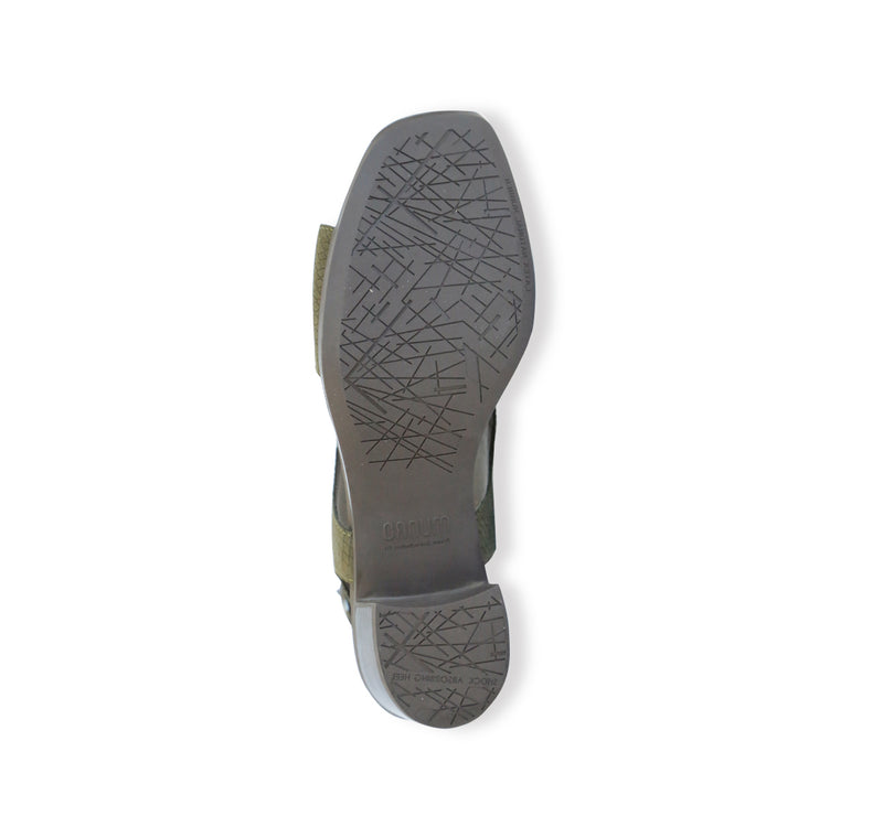 JENNY CROSSBAND SANDAL WITH HOOK & LOOP BACK STRAP IN GREEN NUBUCK - BOTTOM VIEW