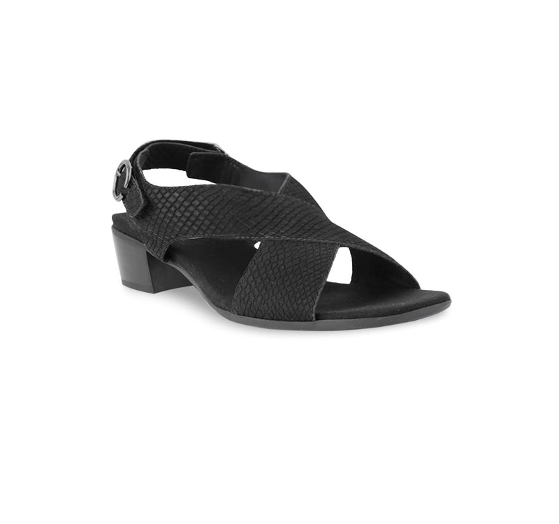 Jenny crossband sandal on mid-height Leawood stacked heel with hook & loop back strap and ornamental buckle in black lizard-print nubuck-angle view