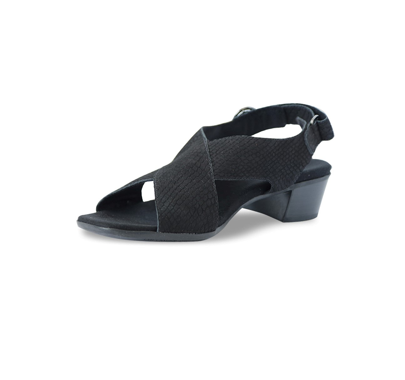 Jenny crossband sandal on mid-height Leawood stacked heel with hook & loop back strap and ornamental buckle in black lizard-print nubuck-inside view