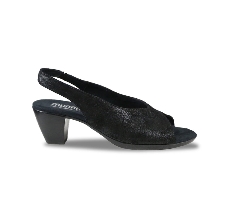 ROCHELLE SLINGBACK PEEP-TOE SANDAL IN BLACK SHIMMER SUEDE-SIDE VIEW