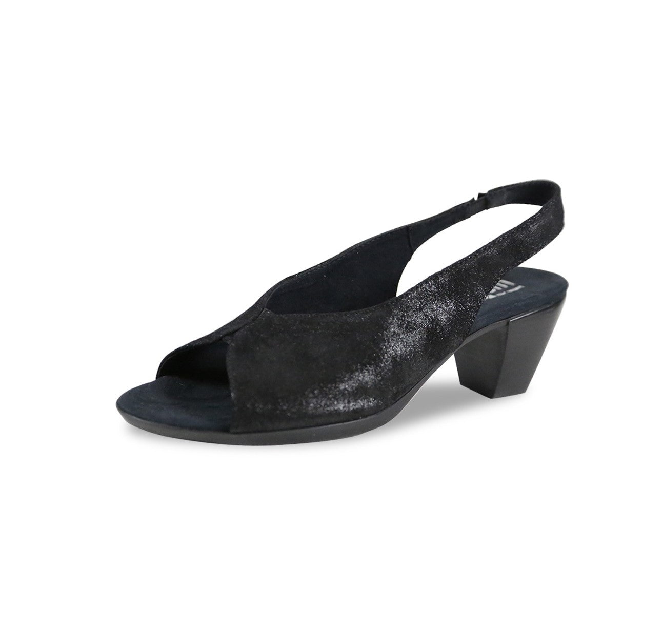 ROCHELLE SLINGBACK PEEP-TOE SANDAL IN BLACK SHIMMER SUEDE-INSIDE VIEW