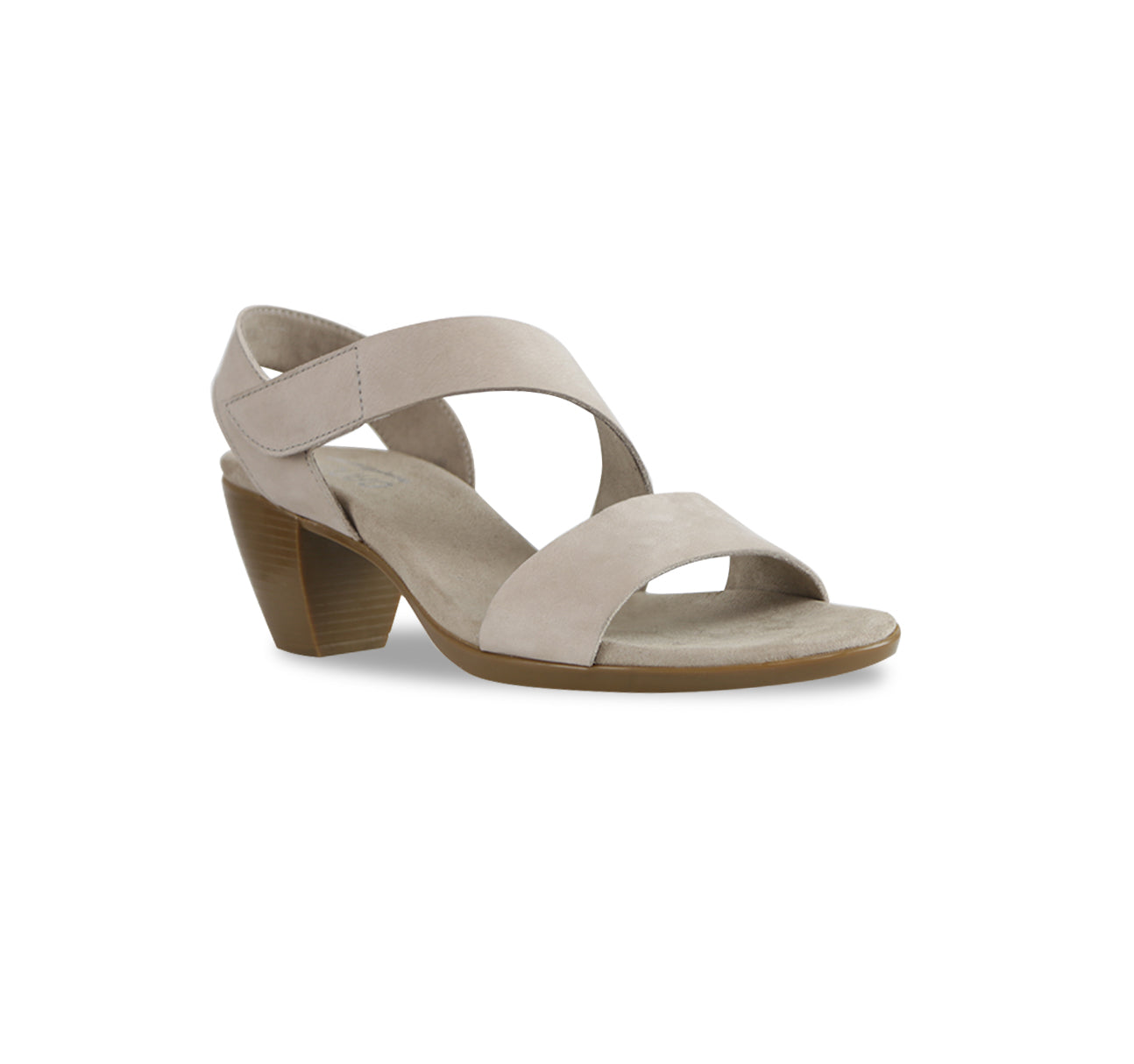 Lucia dress sandal with a single-band vamp strap and an asymmetrical hook & loop instep strap in stone leather-angle view